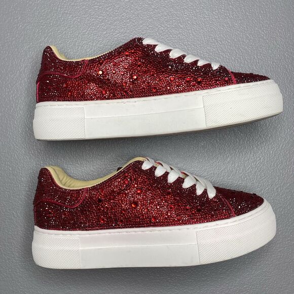 Betsey Johnson Sidny Fashion Sneakers Womens Size 6 Rhinestone Platform Red Ruby - Picture 4 of 10
